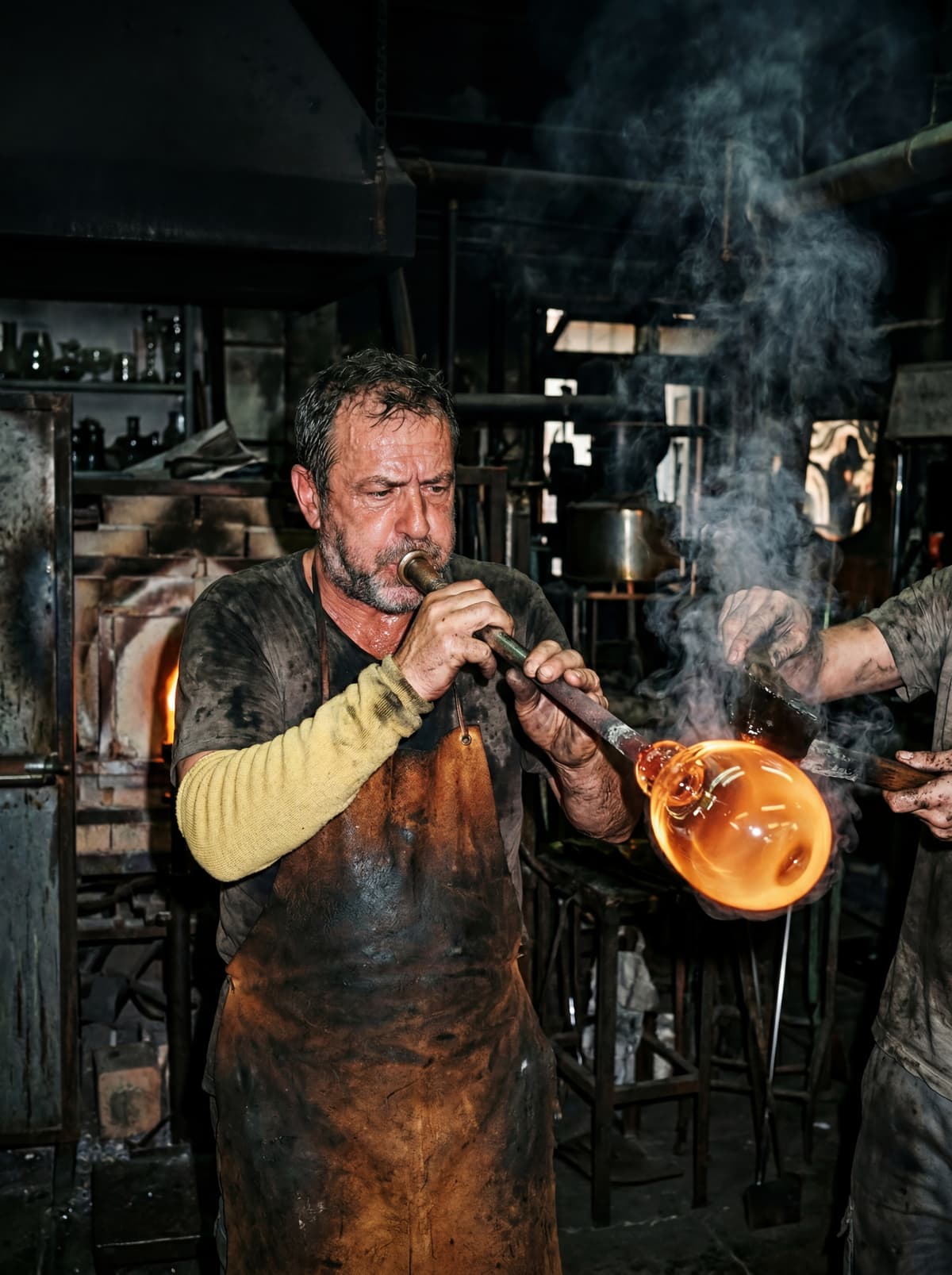 Soffiatura artigianale del vetro — il mastro vetraio modella il cristallo con il soffio